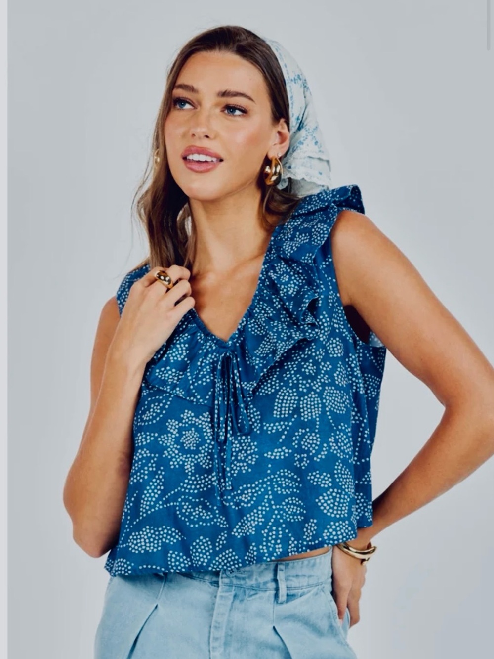 Sadie & Sage Blue Floral Ruffle Tie-Front Camisole